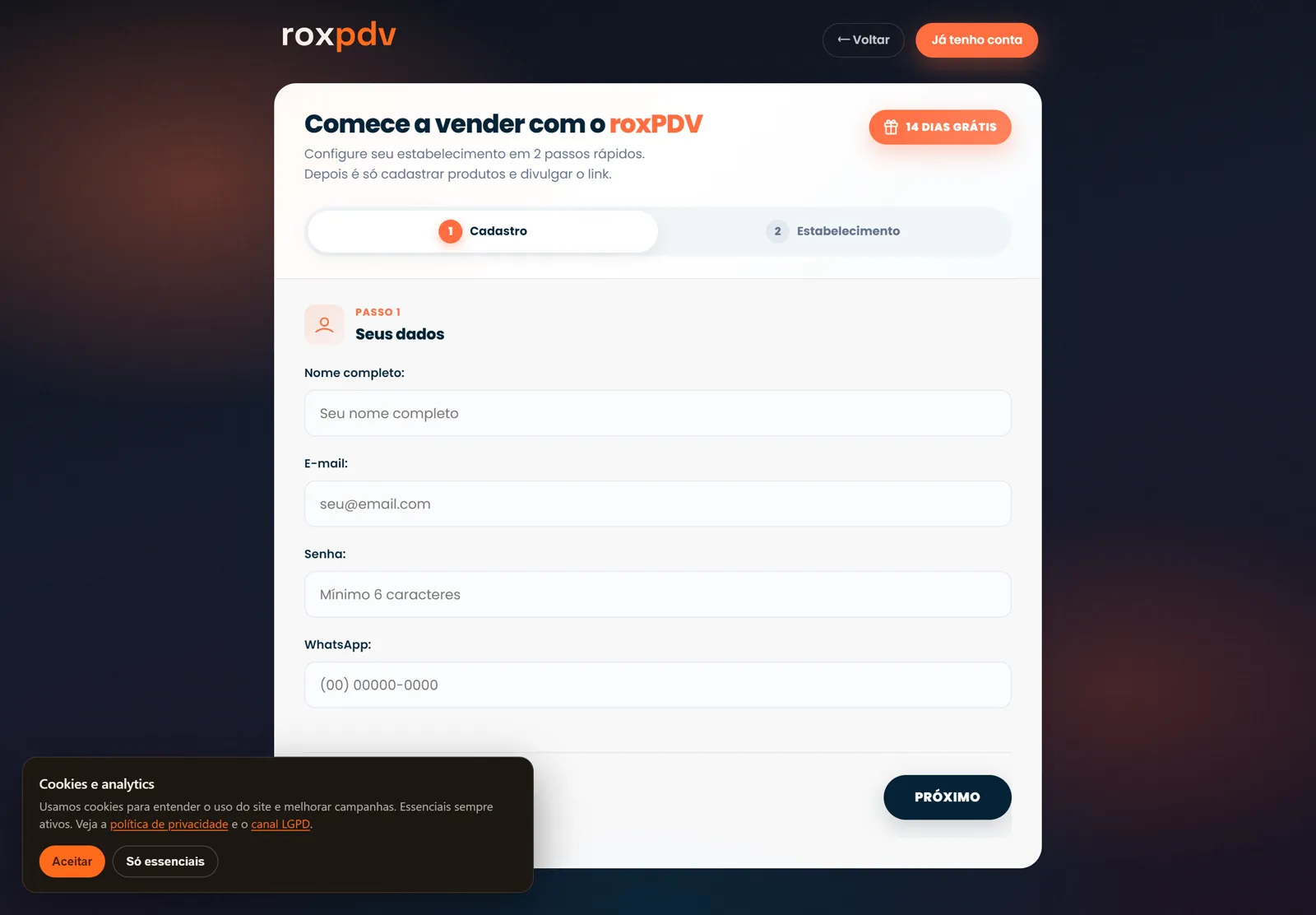 Cadastro da loja com os campos de nome, e-mail, senha e WhatsApp