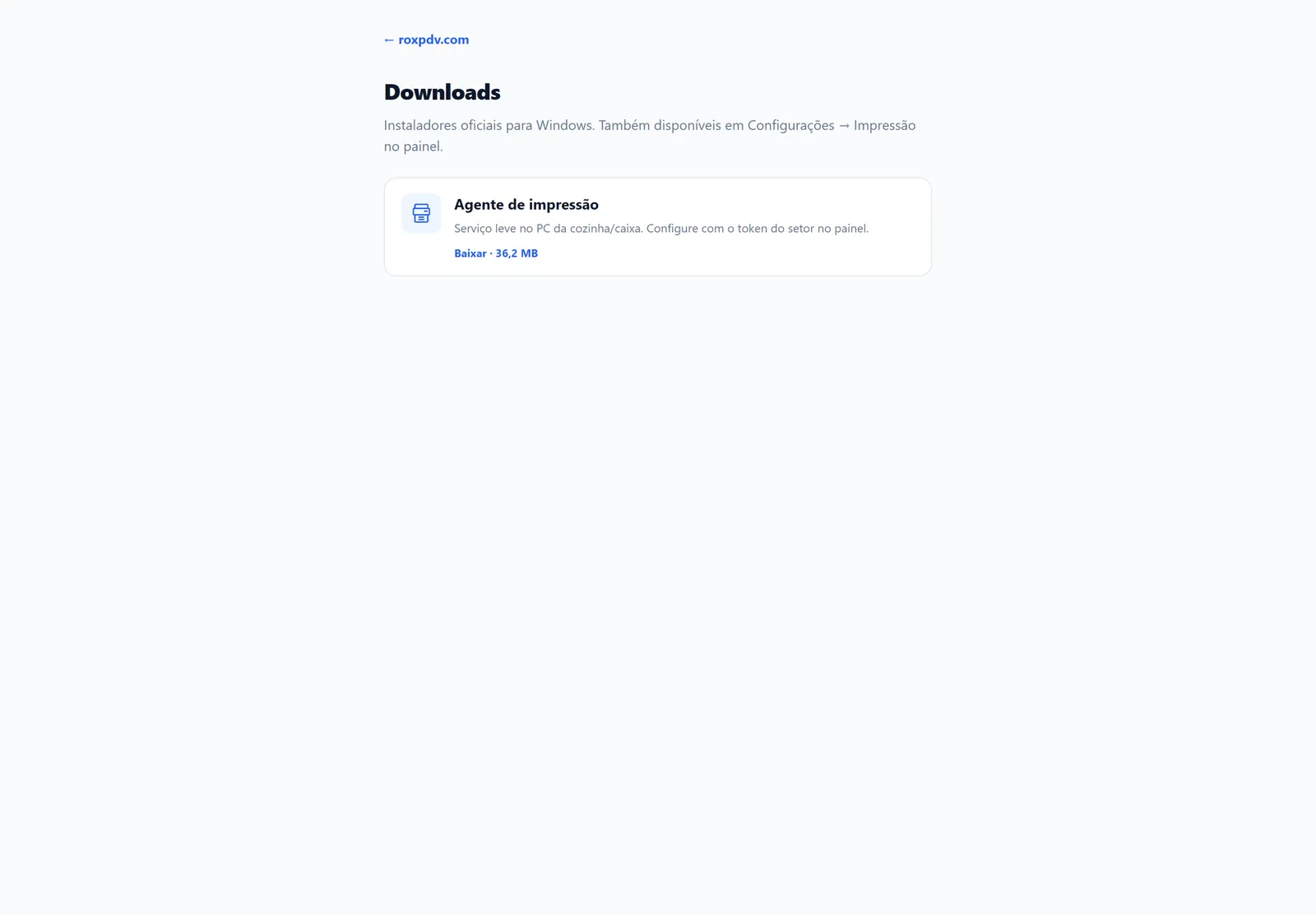 Página de downloads com o agente de impressão