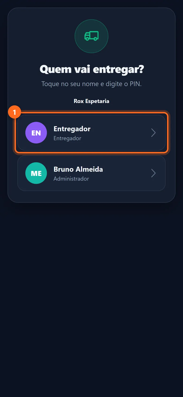 App do entregador com a lista de entregadores e o nome destacado