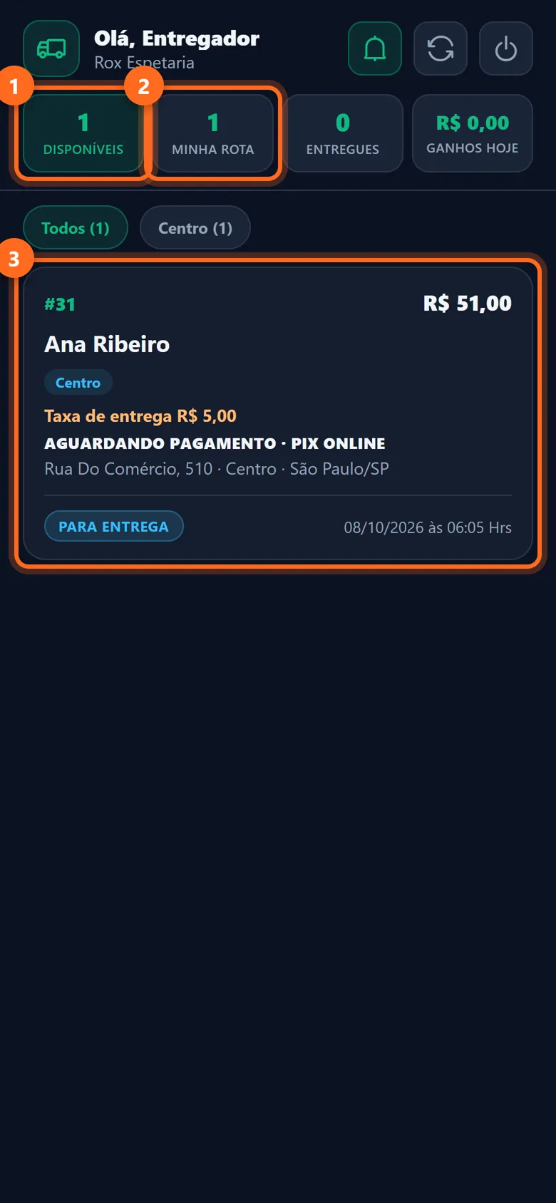 Tela do entregador com Disponíveis, Minha rota e um pedido destacados