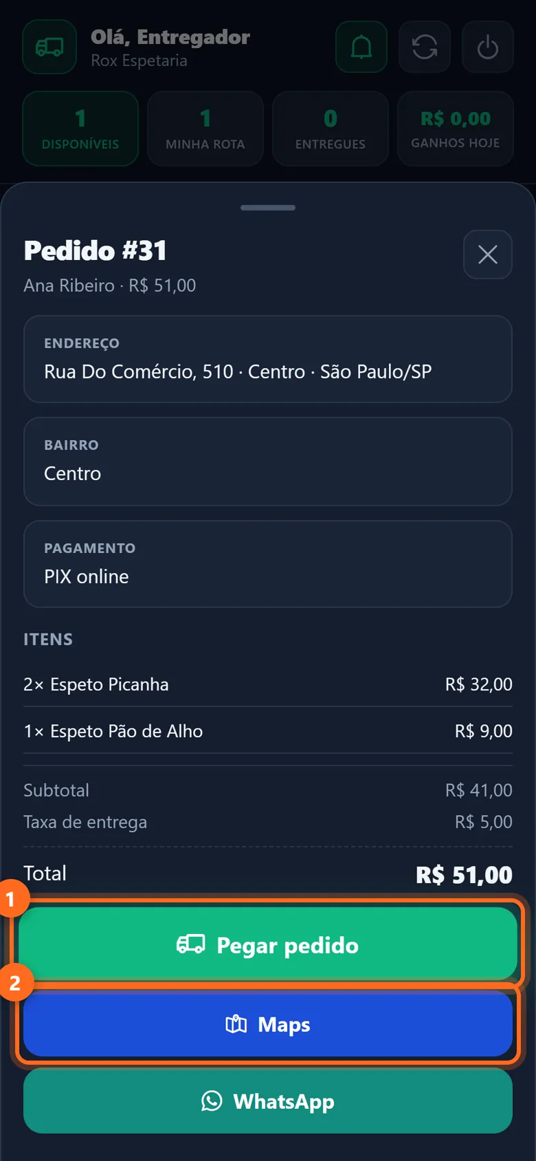 Detalhe do pedido com os botões Pegar pedido e Maps destacados