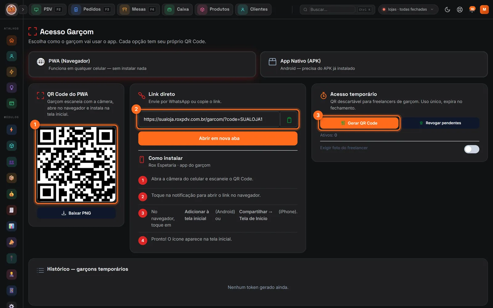 Tela Acesso Garçom com o QR Code, o link direto e o botão Gerar QR Code destacados