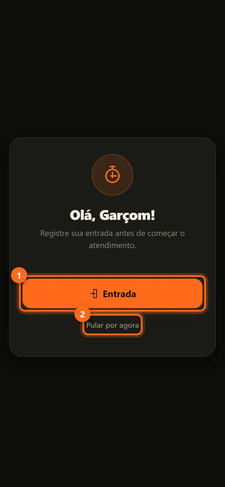 Tela de ponto com os botões Entrada e Pular por agora destacados