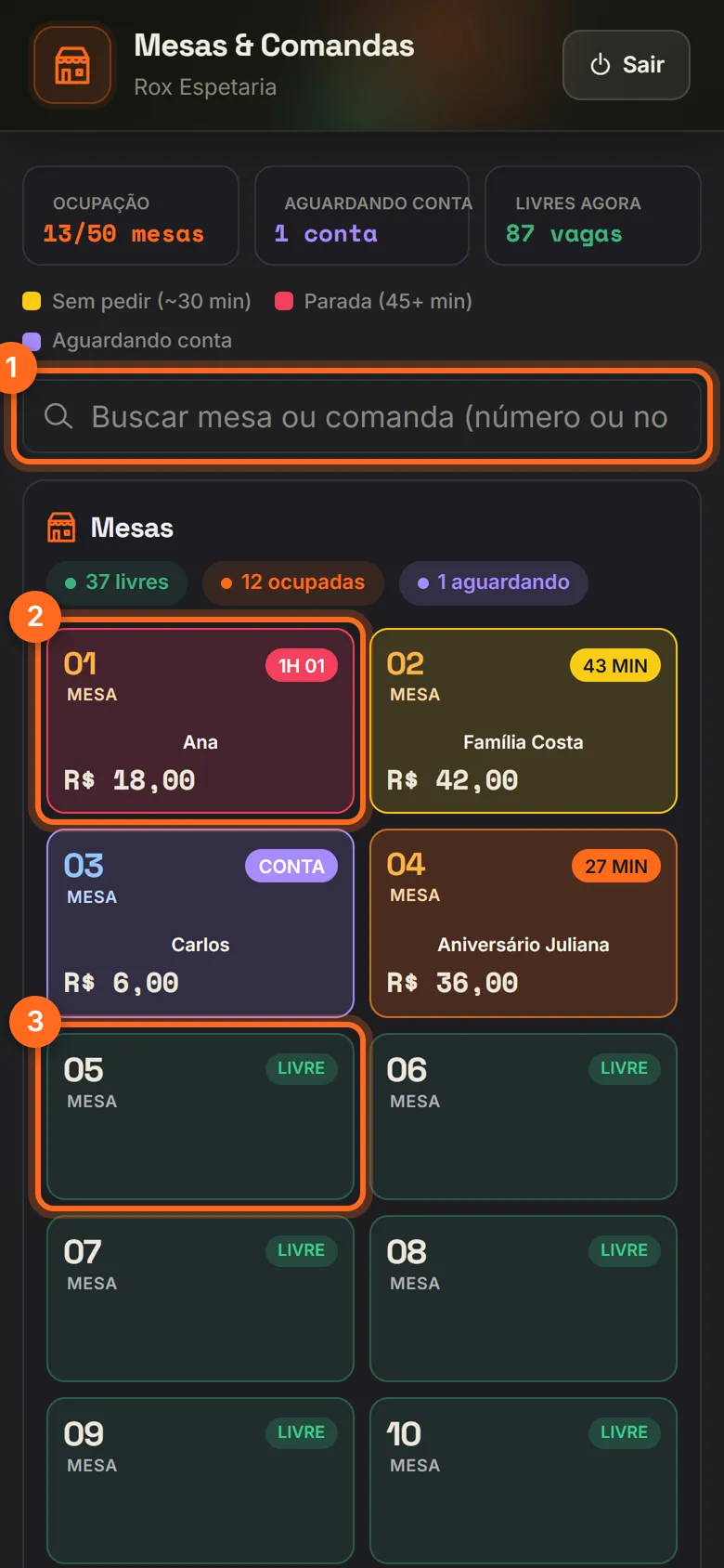 Salão no app do garçom com a busca, uma mesa ocupada e uma mesa livre destacadas