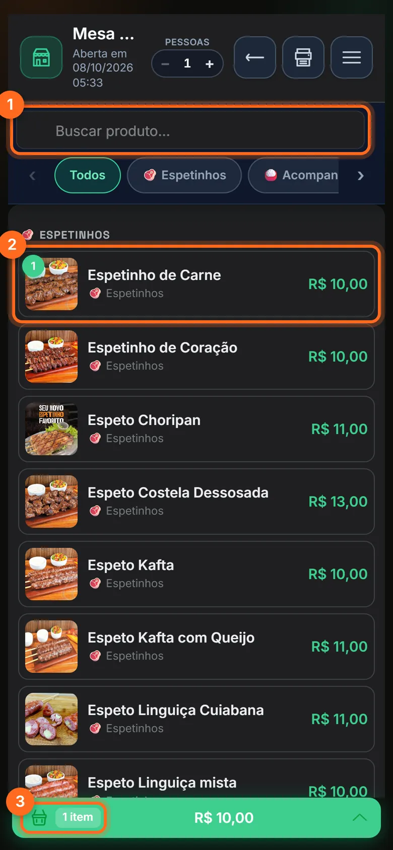 Mesa aberta no app com a busca, um produto lançado e a barra de itens destacados