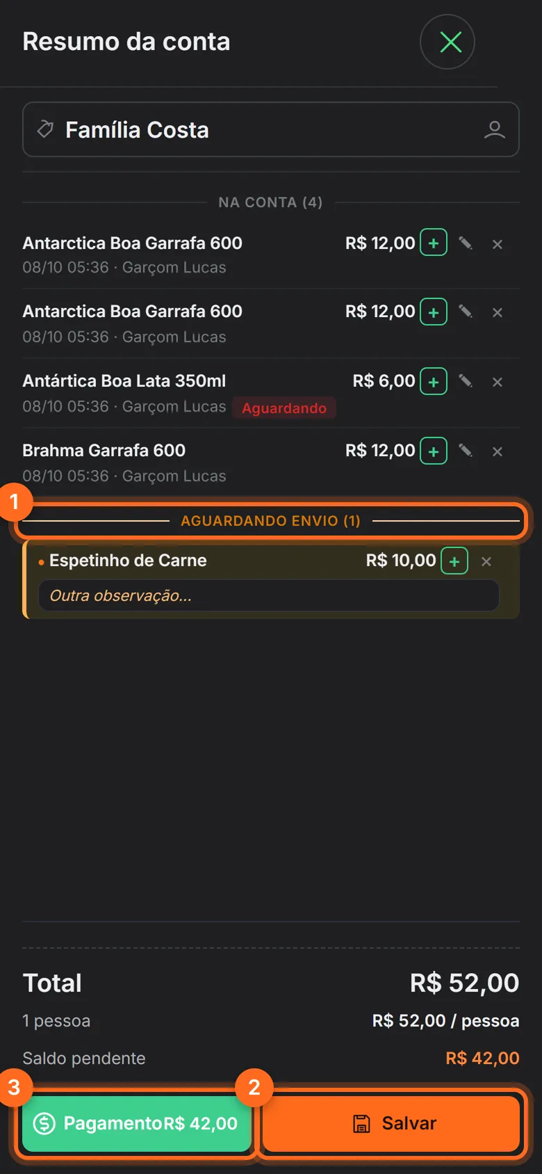 Resumo da conta com os itens aguardando envio, o botão Salvar e o botão Pagamento destacados