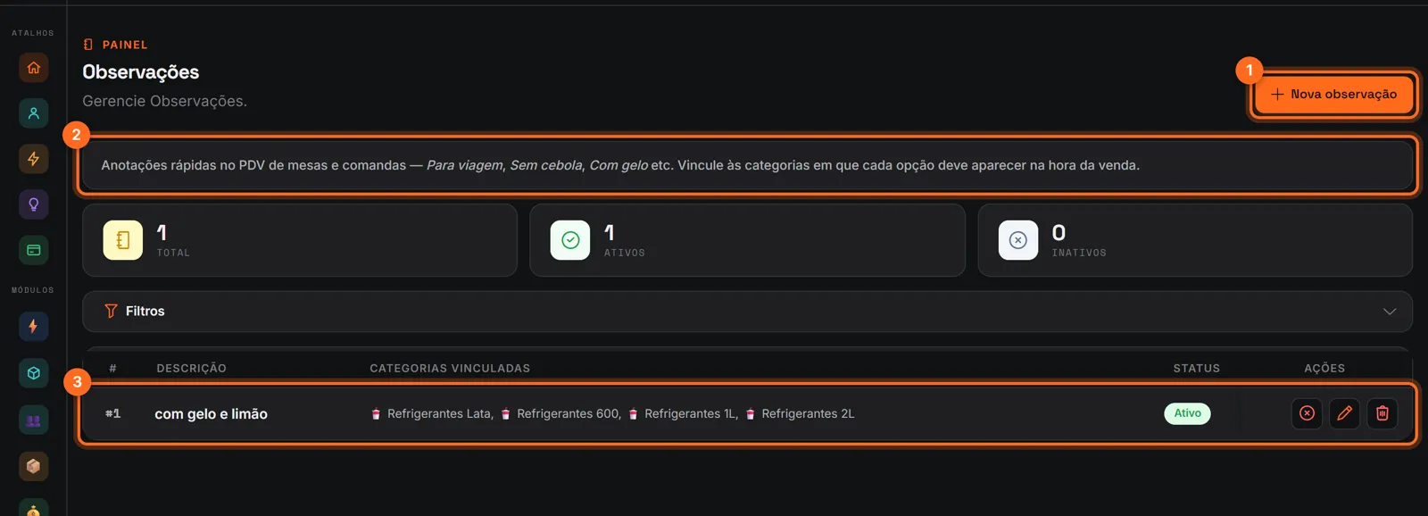 Observações com Nova observação, a explicação e uma observação vinculada às categorias destacadas