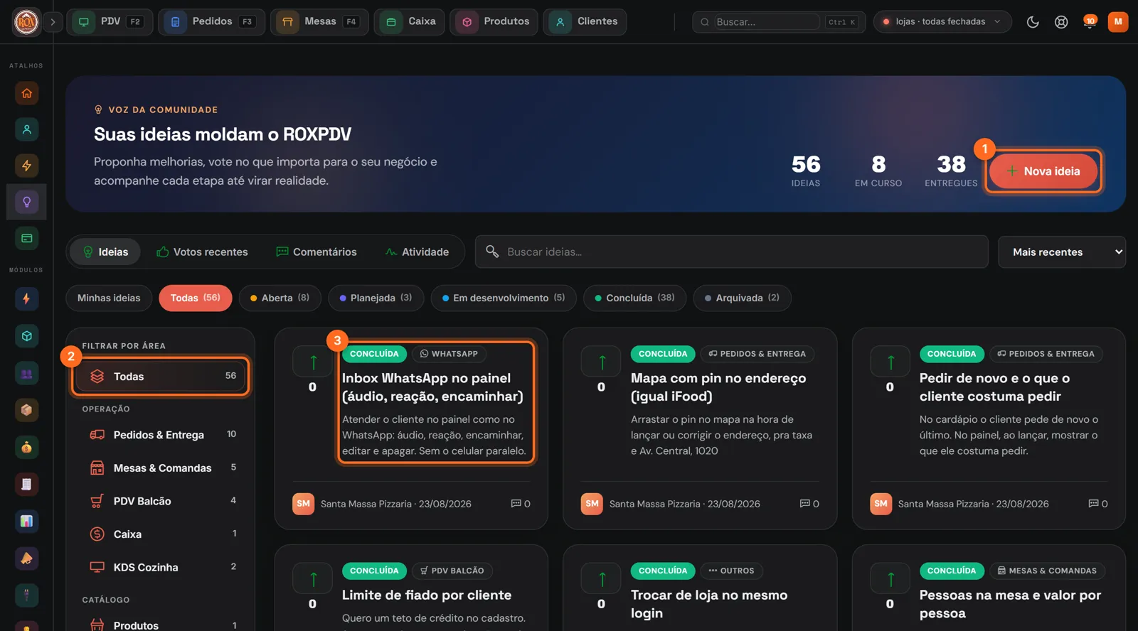 Sugestões com Nova ideia, os filtros e uma ideia concluída destacados