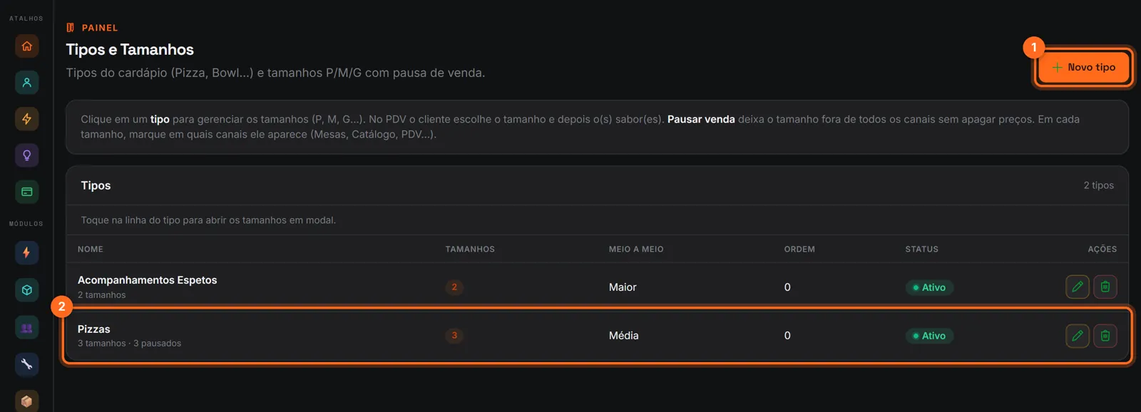 Tipos e tamanhos com Novo tipo e o tipo Pizzas destacados