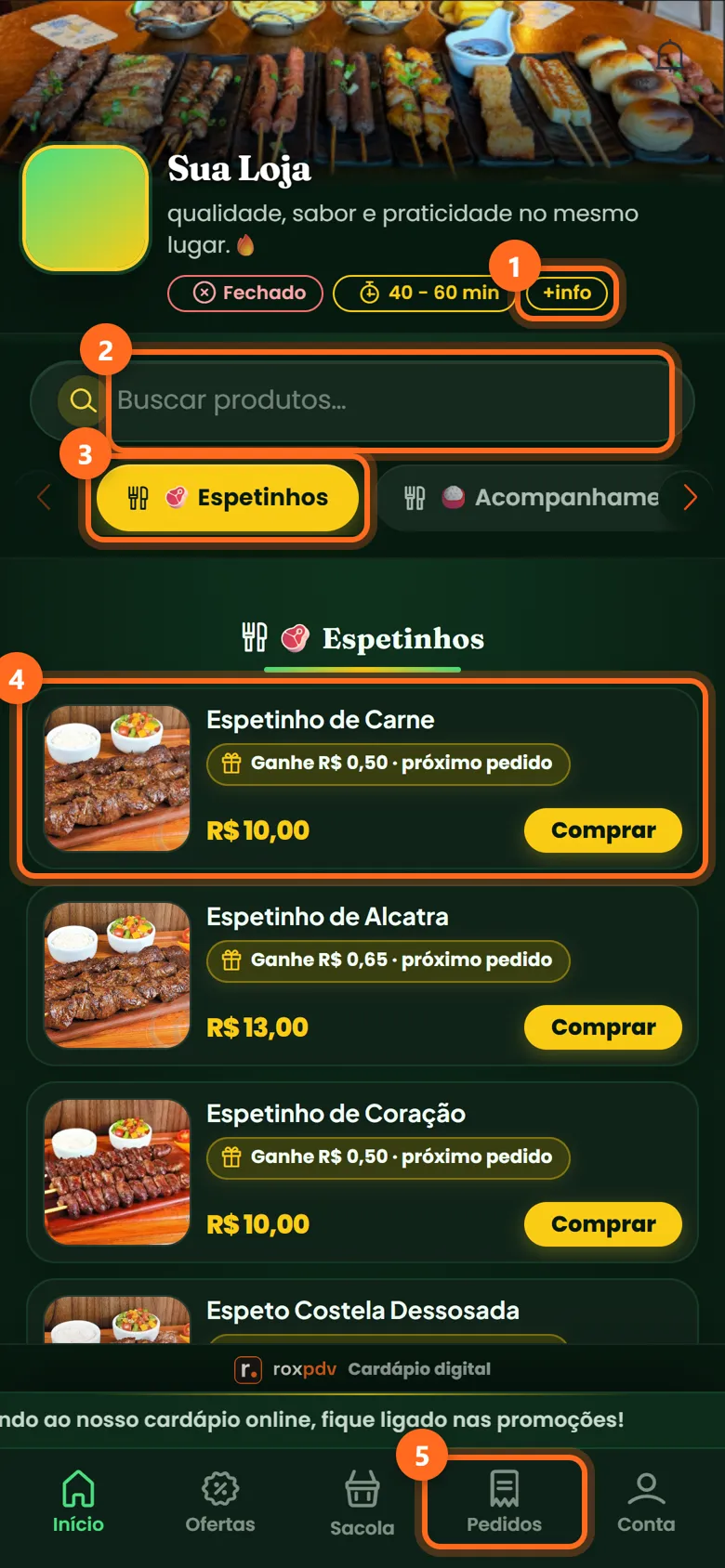 Cardápio digital no celular com +info, busca, categorias, um produto e o menu Pedidos destacados