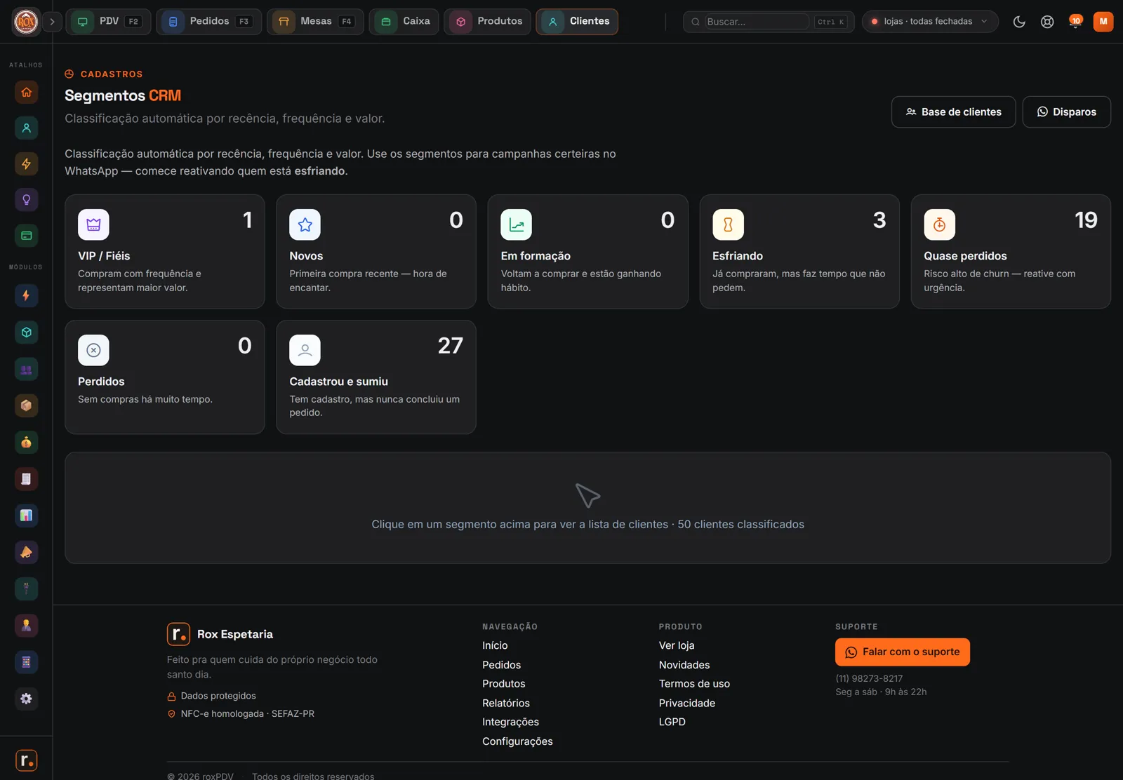 Tela de Segmentos CRM com os grupos de clientes e a quantidade em cada um