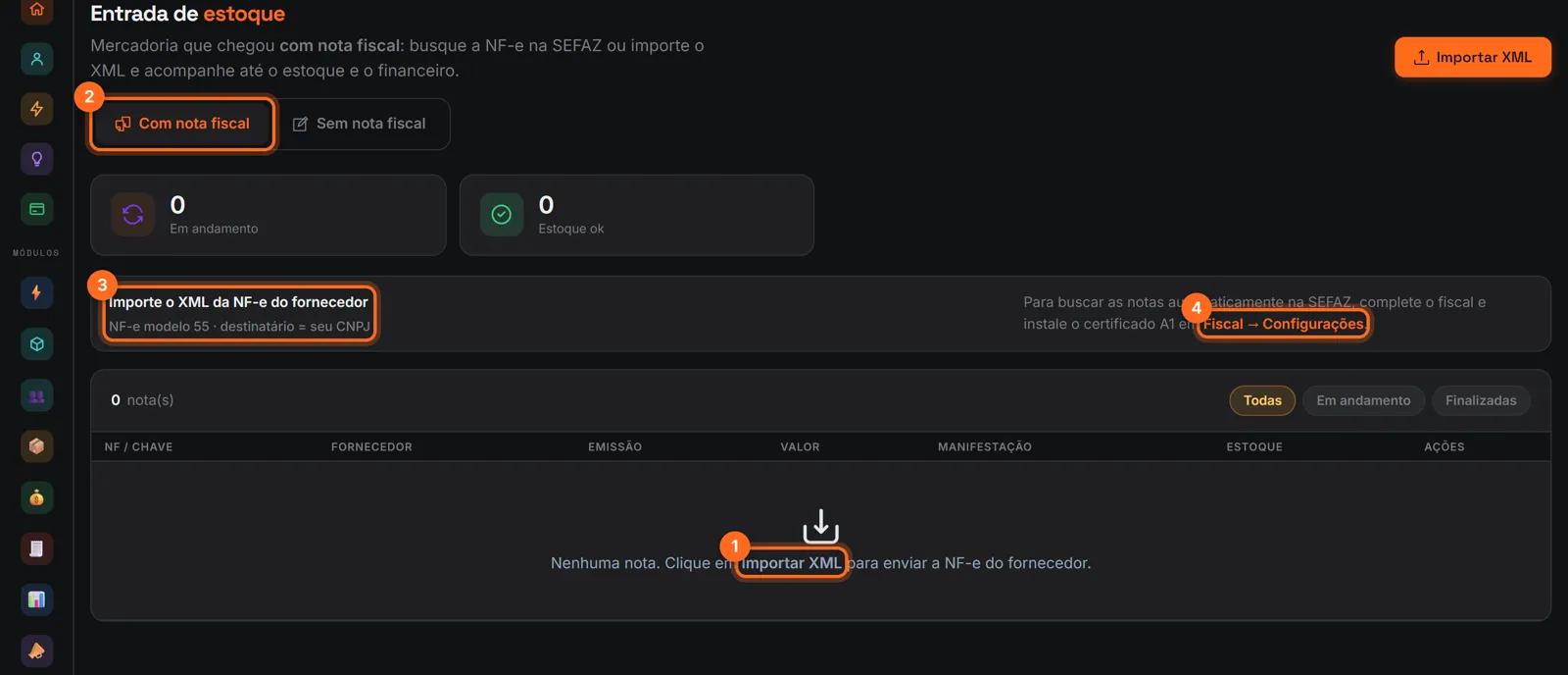 Entrada de estoque com nota fiscal, com Importar XML, a aba Com nota fiscal e o aviso de busca na SEFAZ destacados