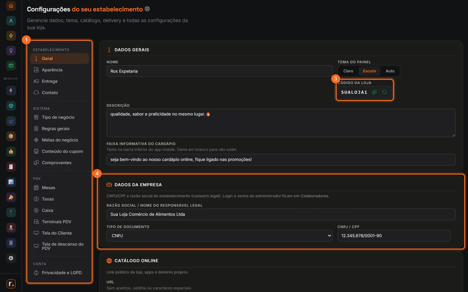 Configurações com o menu de seções, dados gerais, código da loja e dados da empresa destacados