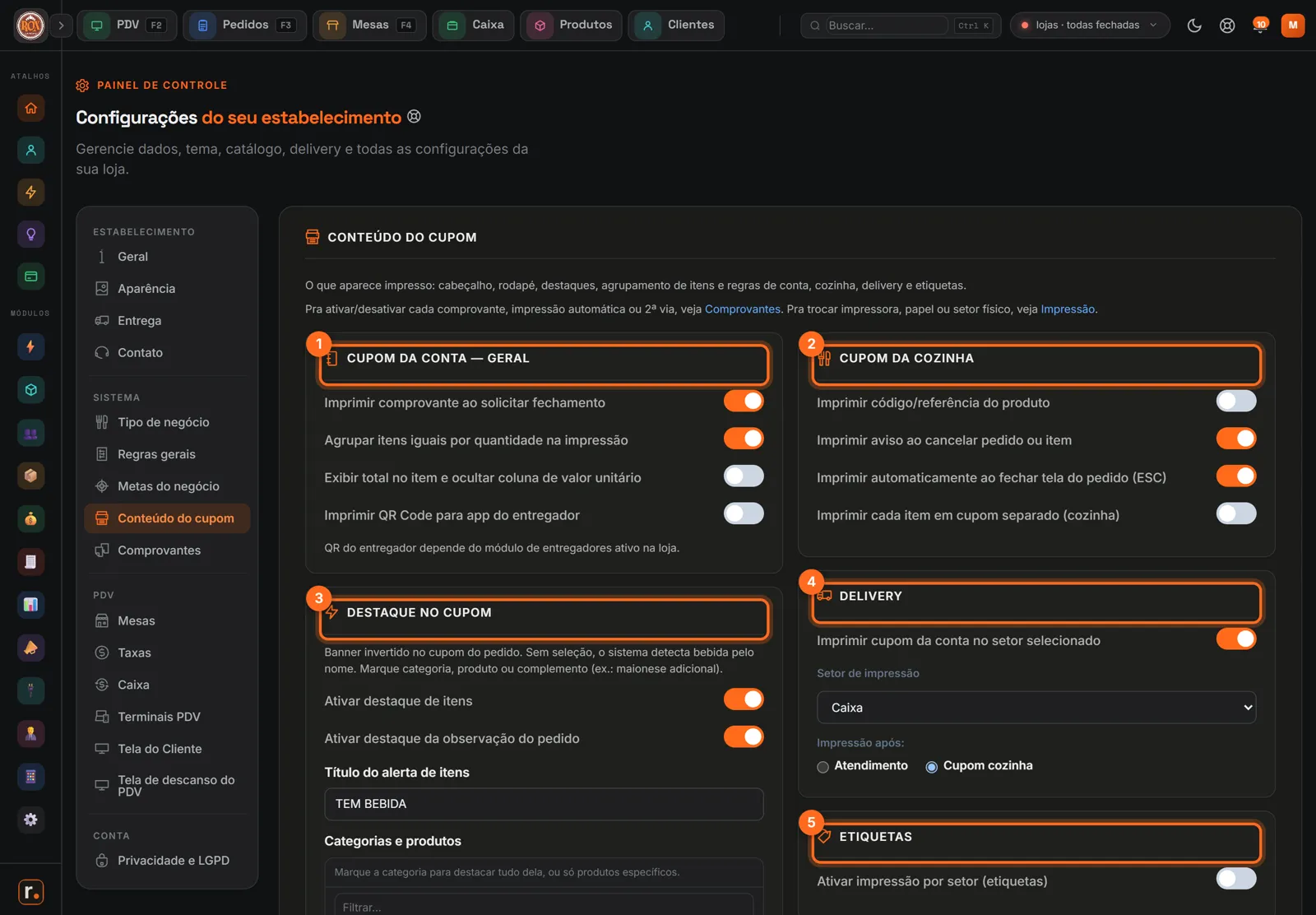 Conteúdo do cupom com cupom da conta, cupom da cozinha, destaque, delivery e etiquetas destacados