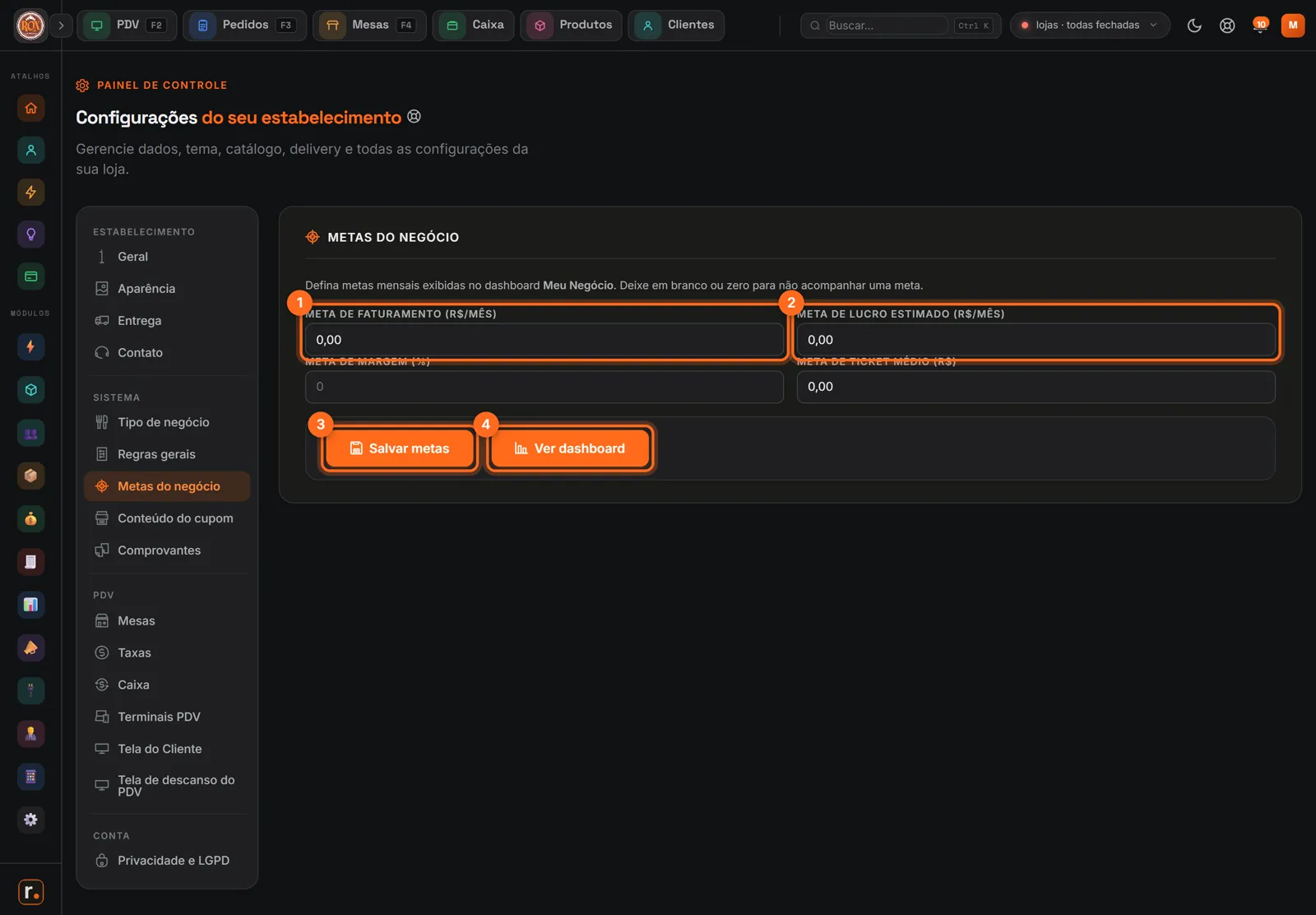 Metas do negócio com faturamento, lucro, Salvar metas e Ver dashboard destacados