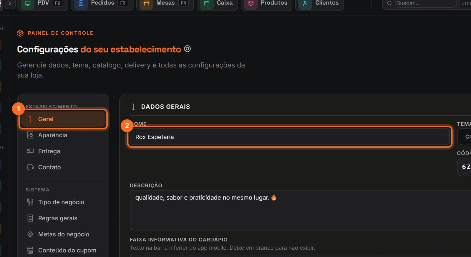 Tela de Configurações com a aba Geral e o campo Nome destacados