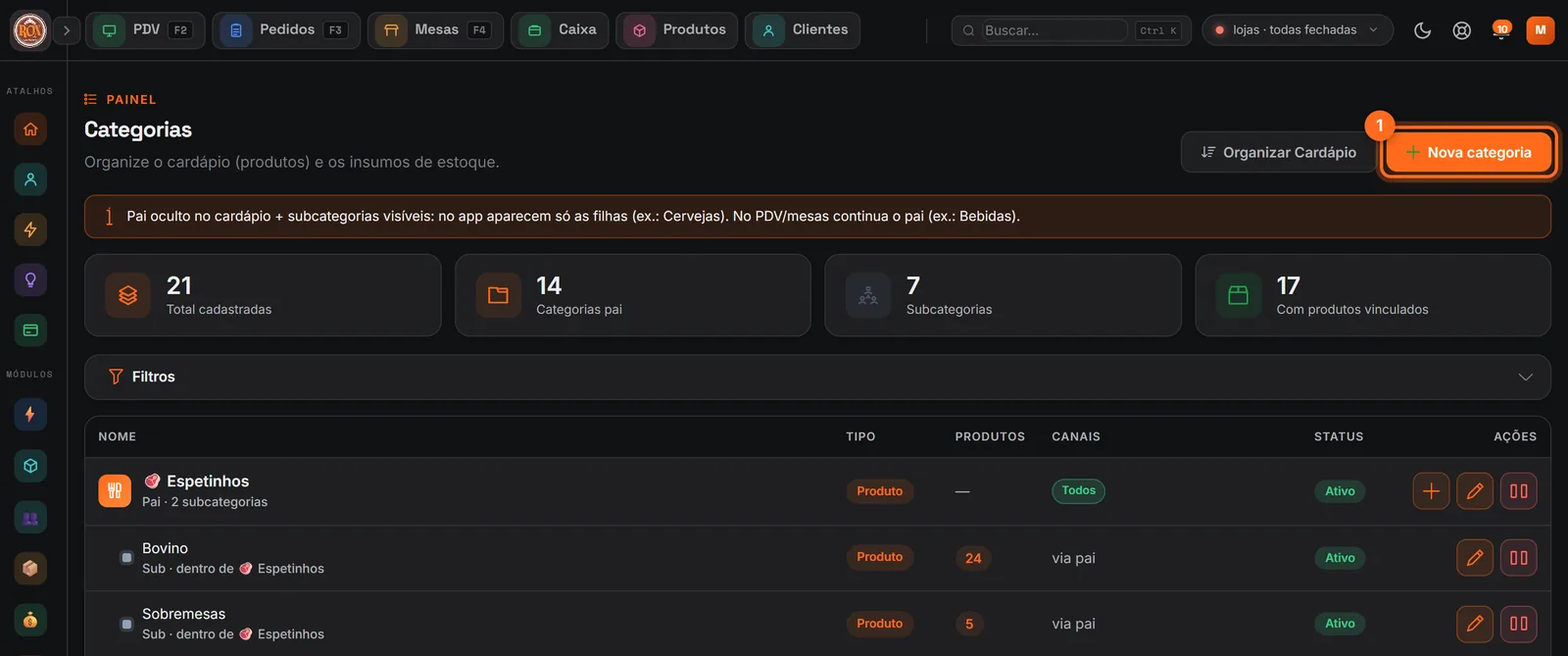 Tela de Categorias com o botão Nova categoria destacado