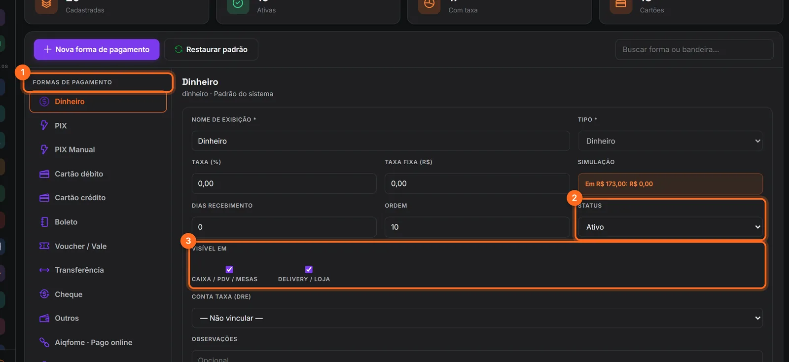 Tela de Meios de pagamento com a lista de formas, status e visibilidade destacados