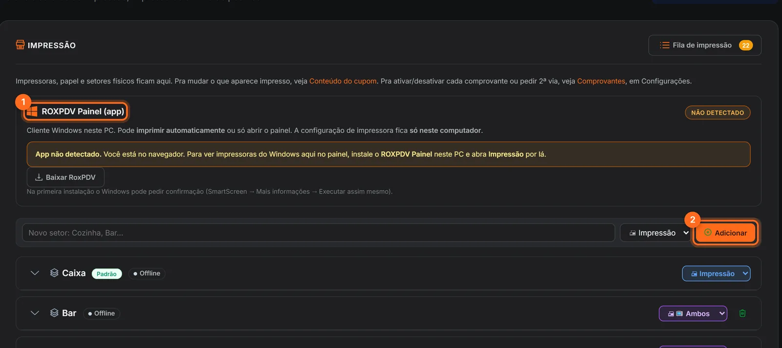 Tela de Impressão com o app ROXPDV Painel e o botão Adicionar setor destacados