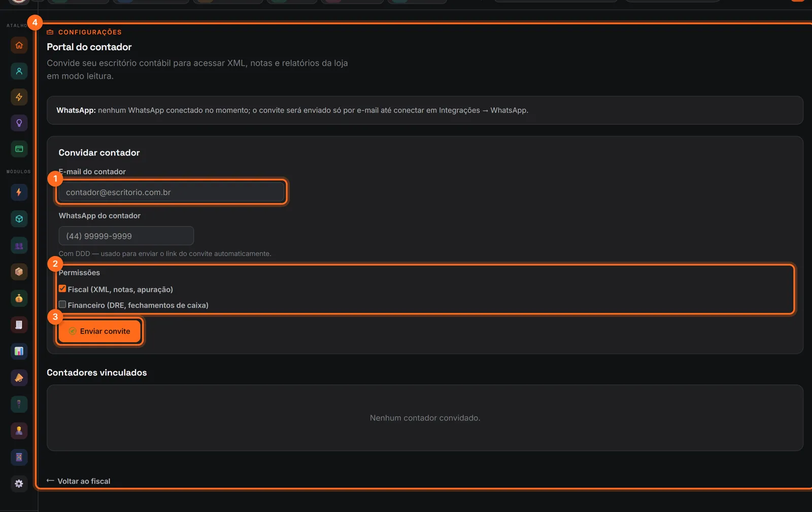 Portal do contador com o e-mail, as permissões, Enviar convite e contadores vinculados destacados
