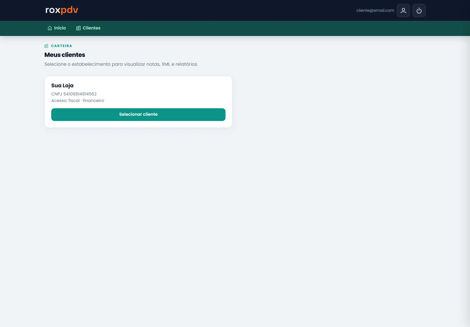 Portal do contador com a lista de clientes e o botão Selecionar cliente