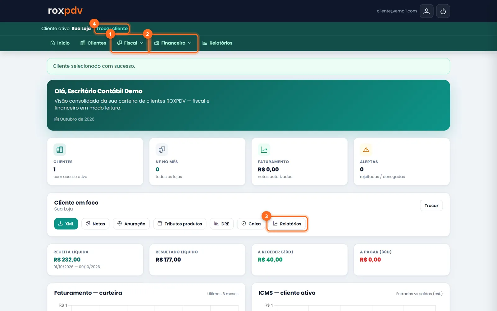 Início do portal do contador com os menus Fiscal e Financeiro, os atalhos do cliente e Trocar cliente destacados