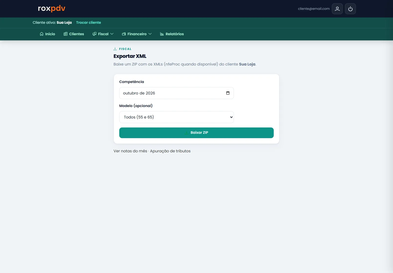 Exportar XML com a competência, o modelo e o botão Baixar ZIP
