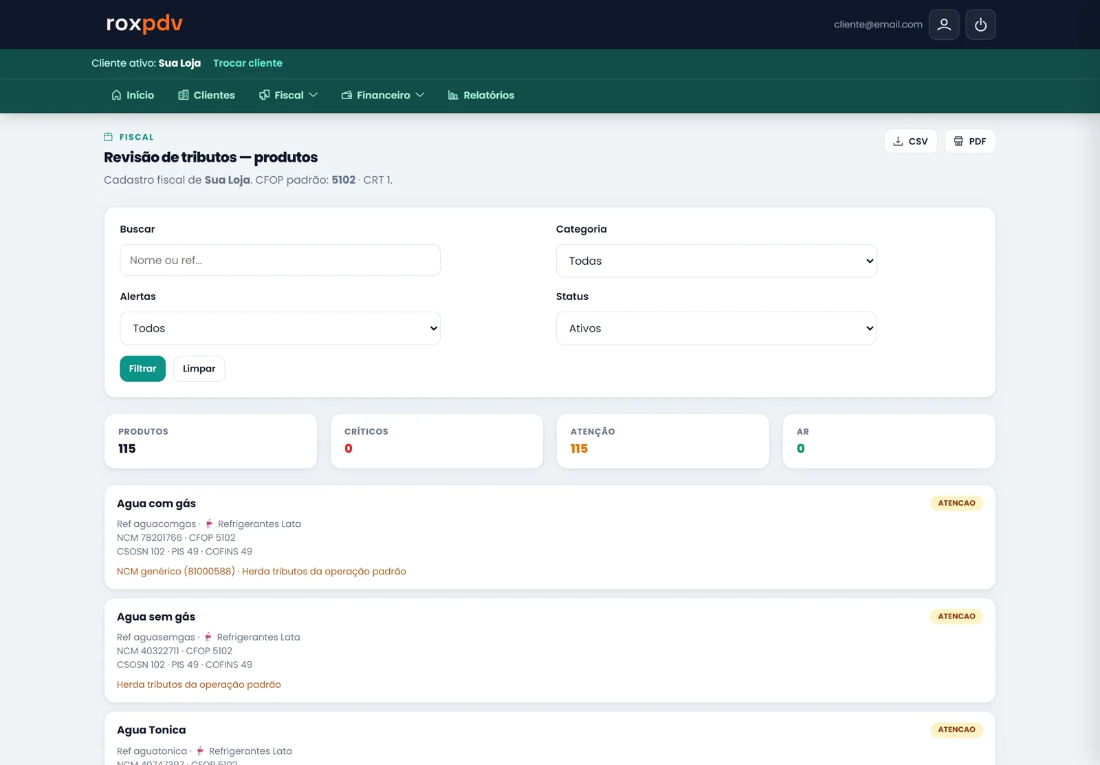 Revisão de tributos dos produtos com os filtros, os totais de críticos e atenção e a lista de produtos