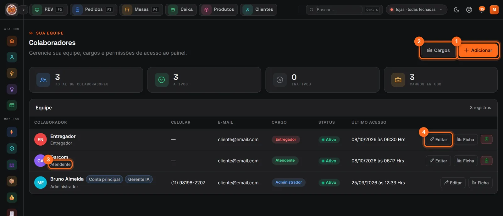 Tela de colaboradores com Adicionar, Cargos, o cargo de um colaborador e Editar destacados