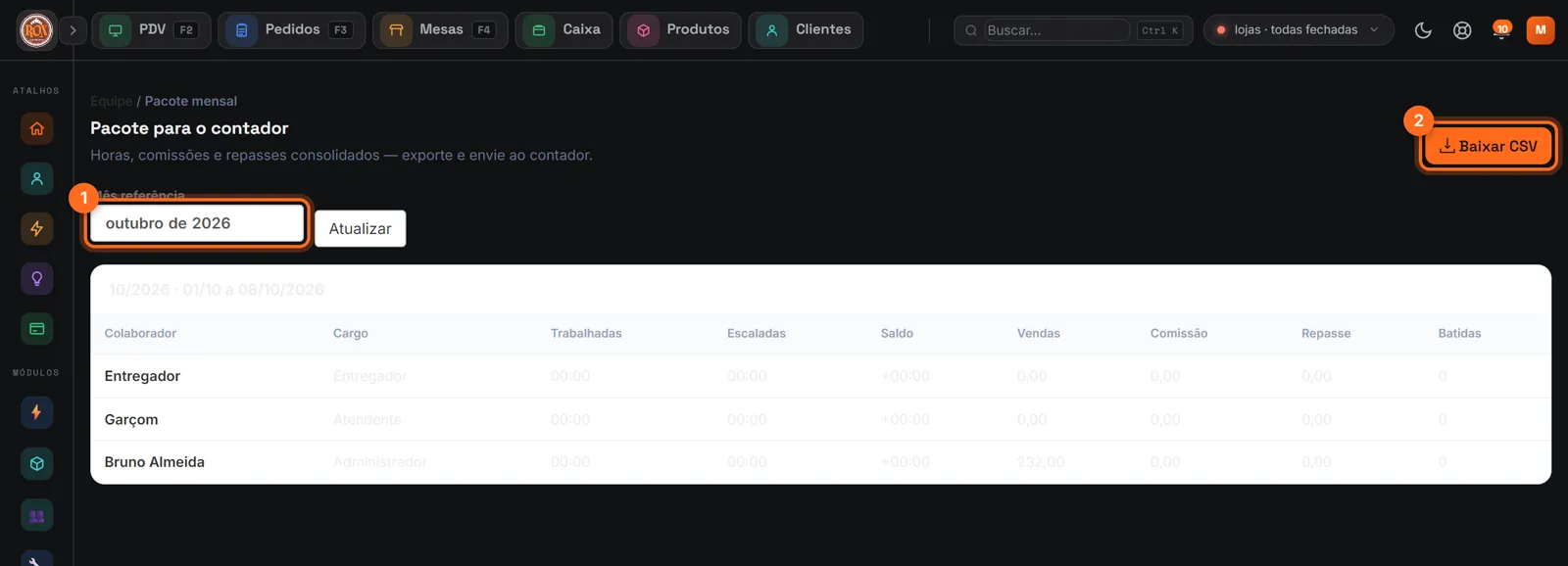 Pacote para o contador com o mês de referência e Baixar CSV destacados
