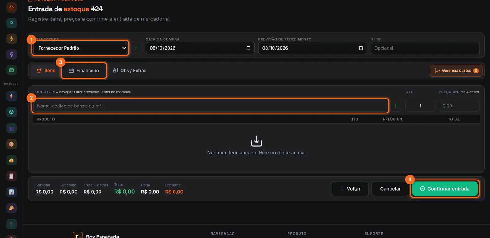 Nova entrada de estoque com fornecedor, busca de produto, aba Financeiro e Confirmar entrada destacados