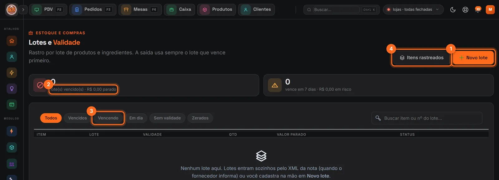 Lotes e validade com Novo lote, o quadro de vencidos, a aba Vencendo e Itens rastreados destacados
