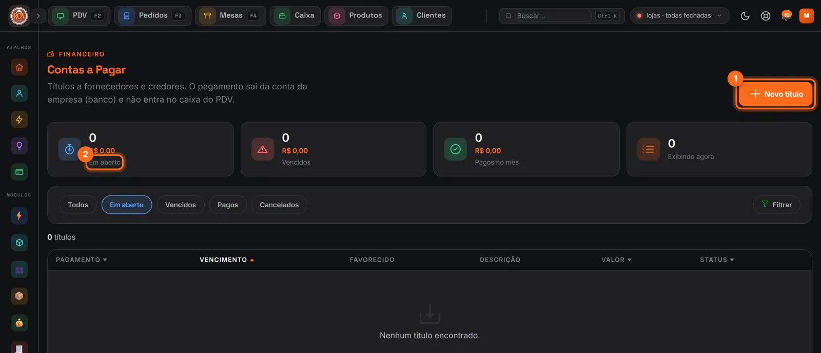 Contas a pagar com o botão Novo título e o total em aberto destacados