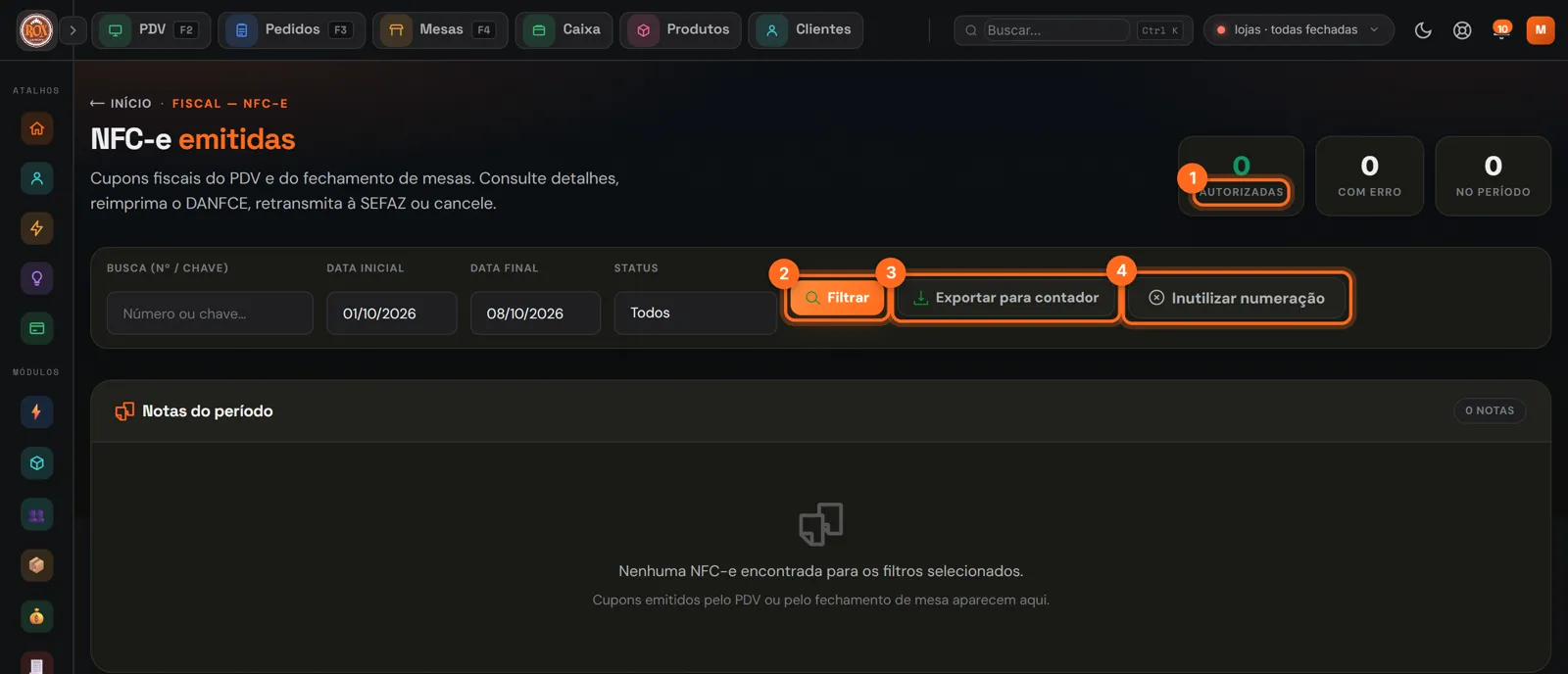 NFC-e emitidas com o total de autorizadas, Filtrar, Exportar para contador e Inutilizar numeração destacados