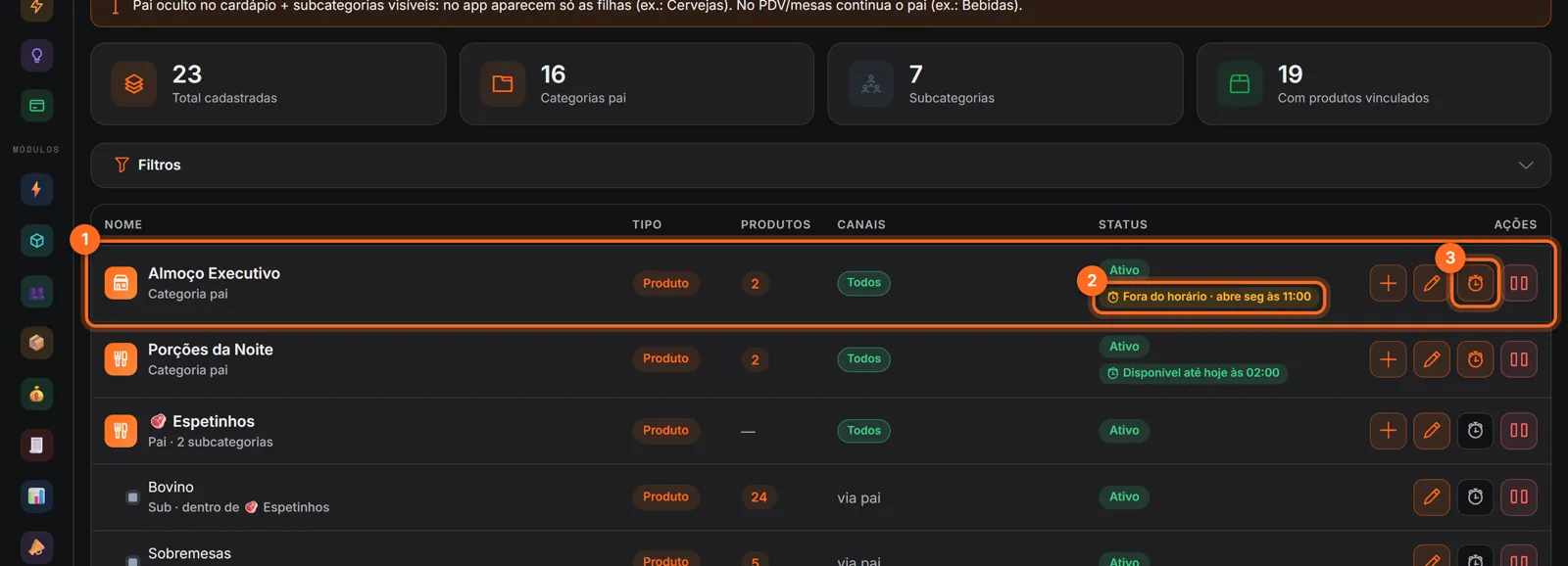 Lista de categorias com o selo de horário e o botão de relógio destacados