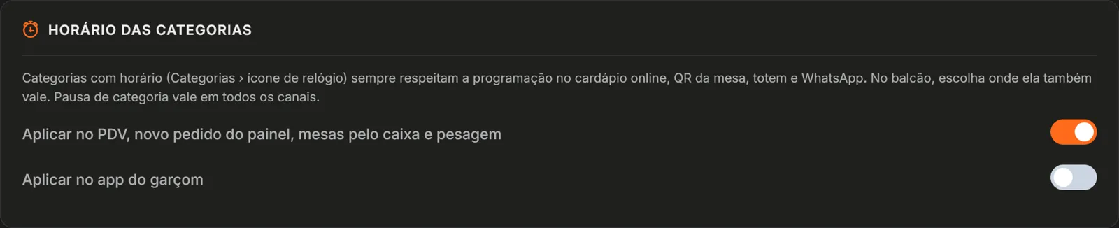 Configurações, Regras gerais, card Horário das categorias com as opções de PDV e garçom