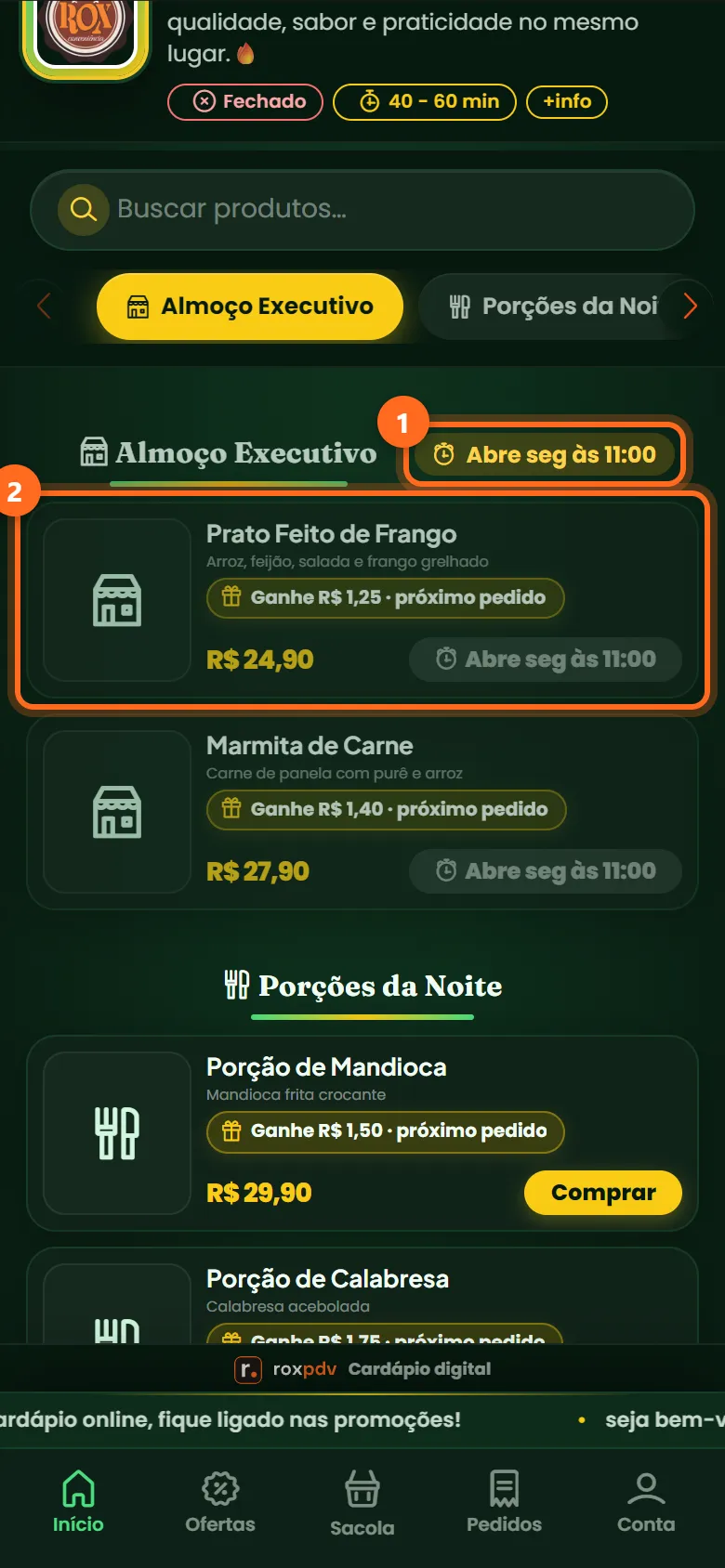 Cardápio no celular com a categoria Almoço Executivo marcada como Abre seg às 11:00 e os itens bloqueados