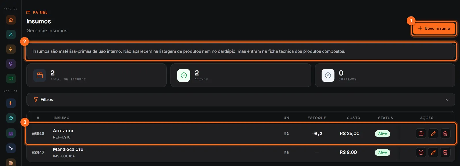 Lista de insumos com Novo insumo, o aviso de uso interno e um insumo destacados