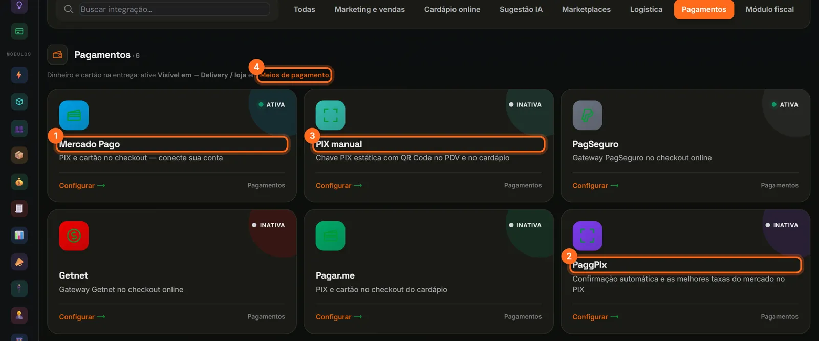 Integrações de pagamento com Mercado Pago, PaggPix, PIX manual e o link Meios de pagamento destacados