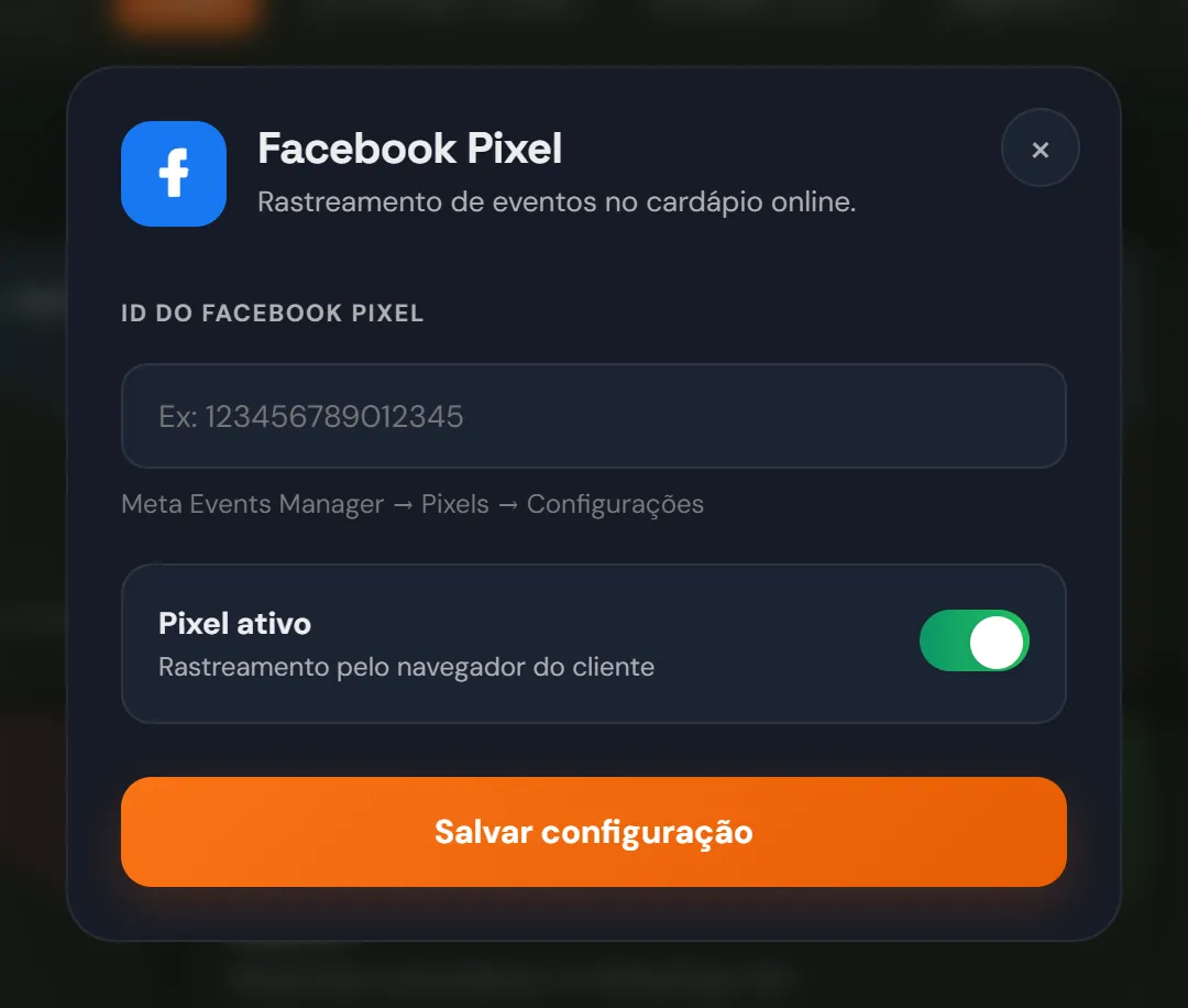 Configuração do Facebook Pixel com o ID do pixel e a chave Pixel ativo