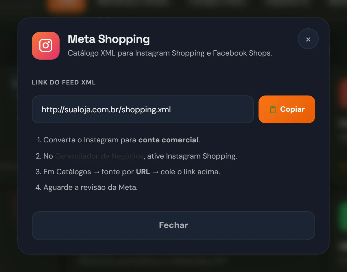 Meta Shopping com o link do feed XML e os passos de configuração