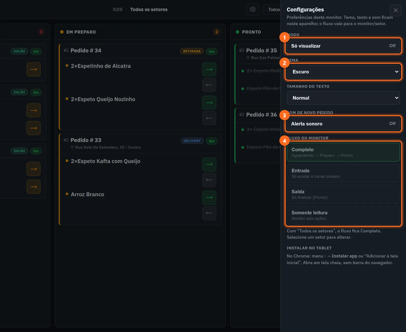 Configurações do KDS com Só visualizar, Tema, Alerta sonoro e Fluxo do monitor destacados