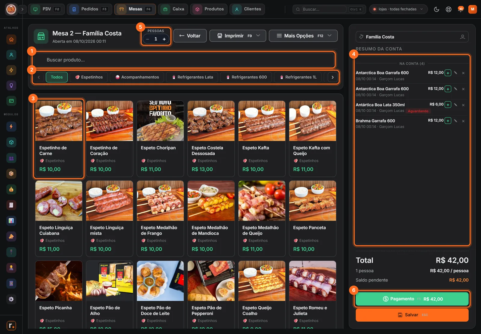 Mesa aberta com busca de produto, categorias, produto, resumo da conta, pessoas e botão Pagamento destacados