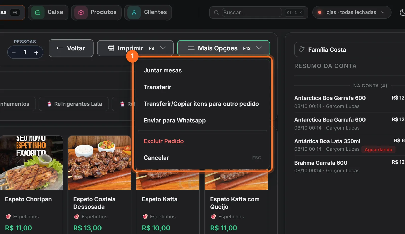 Menu Mais opções com Juntar mesas, Transferir, Transferir itens, Enviar para WhatsApp e Excluir pedido