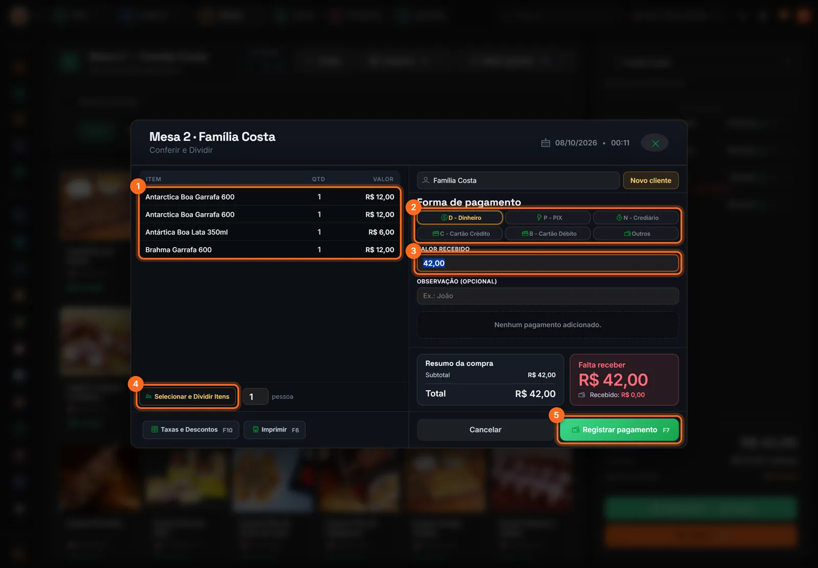 Tela de pagamento da mesa com itens, forma de pagamento, valor recebido, dividir itens e Registrar pagamento destacados