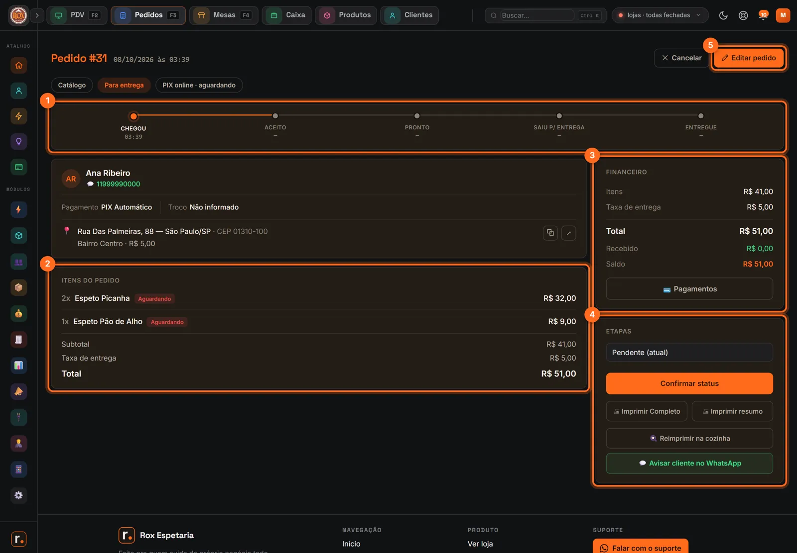 Detalhe do pedido com linha do tempo, itens, financeiro, etapas e o botão Editar pedido destacados