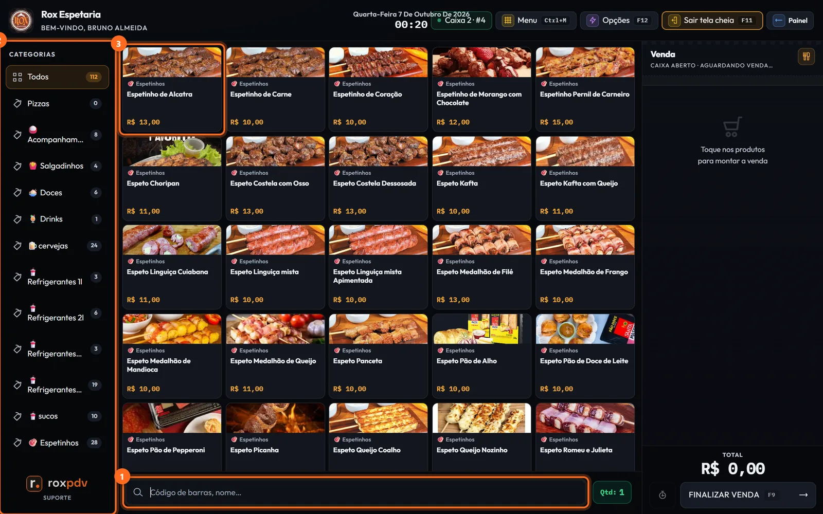 Tela do PDV com a busca, as categorias e a grade de produtos destacadas