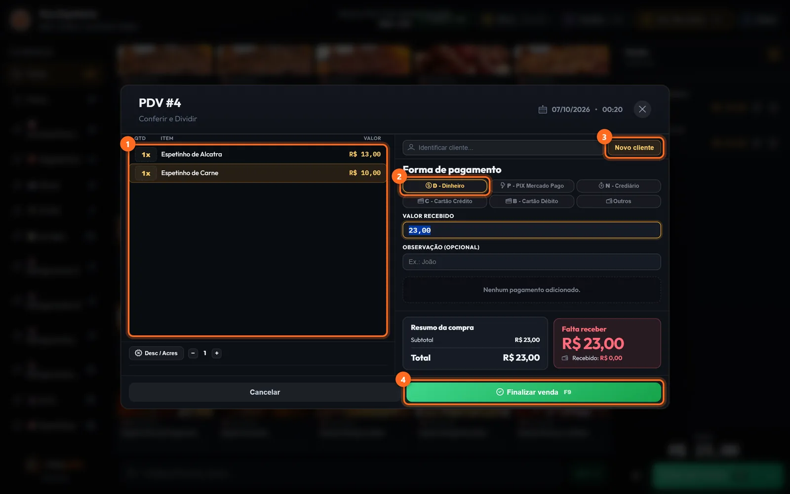 Tela de pagamento com itens, forma de pagamento, cliente e Finalizar venda destacados