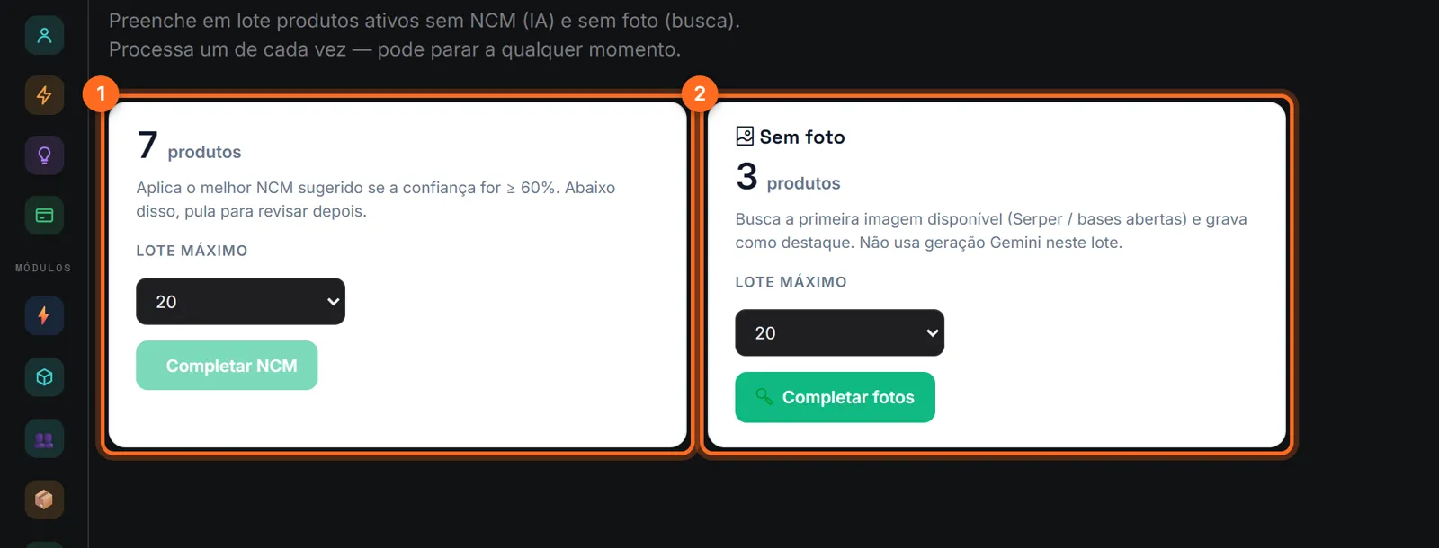 Completar NCM e fotos com os quadros Sem NCM e Sem foto destacados