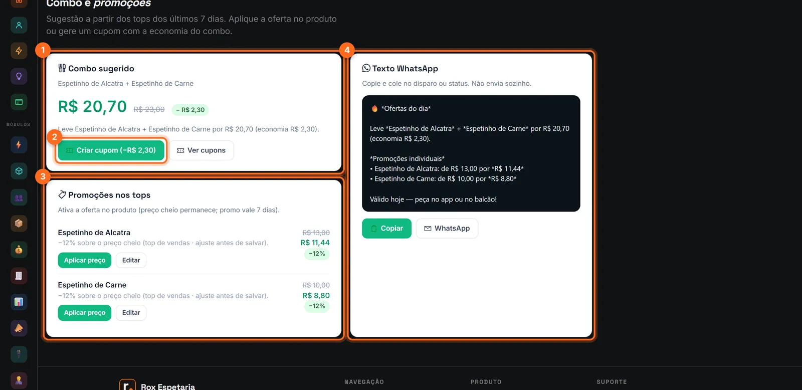 Combos e promoções com o combo sugerido, Criar cupom, promoções nos tops e texto para WhatsApp destacados